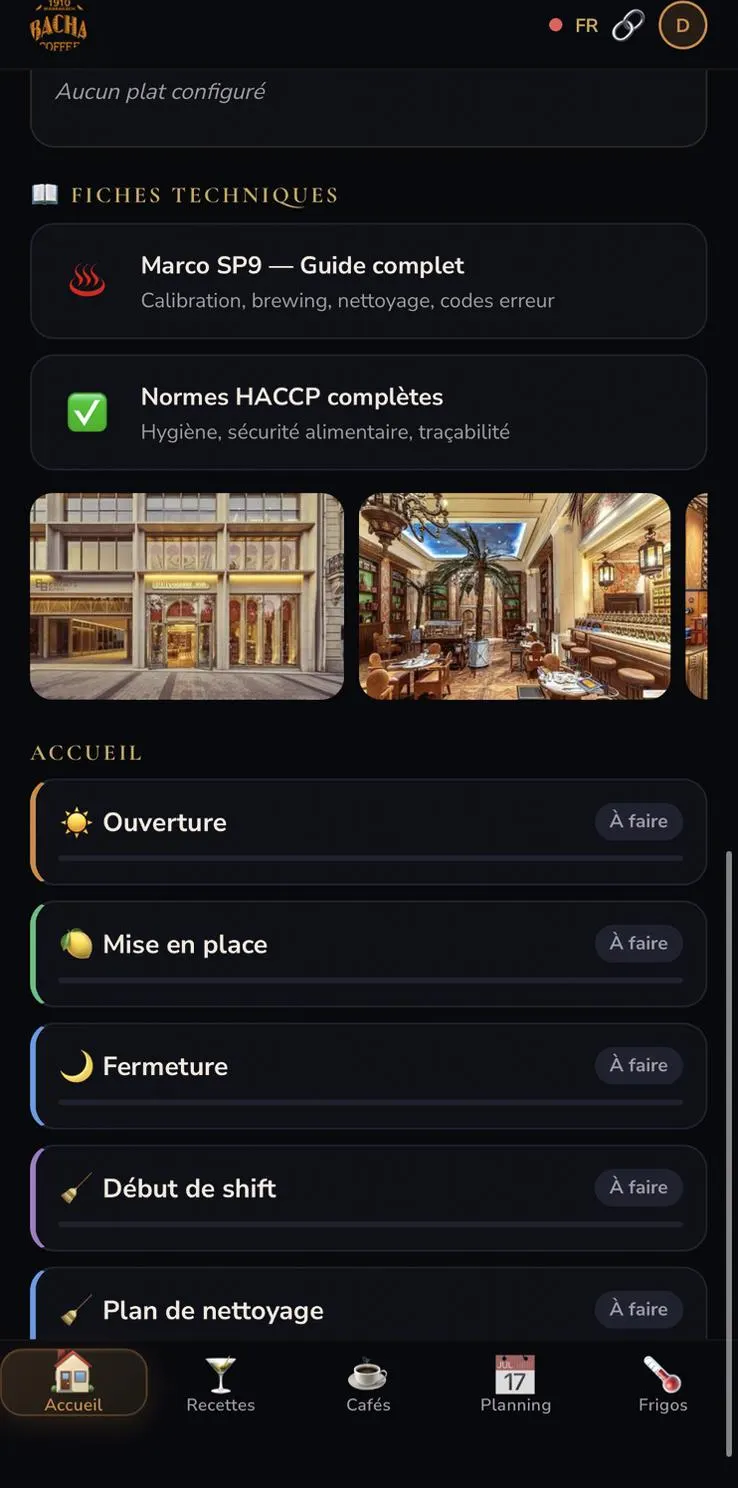 Application Bacha Coffee — section Fiches techniques avec guide Marco SP9 et normes HACCP, palette dorée