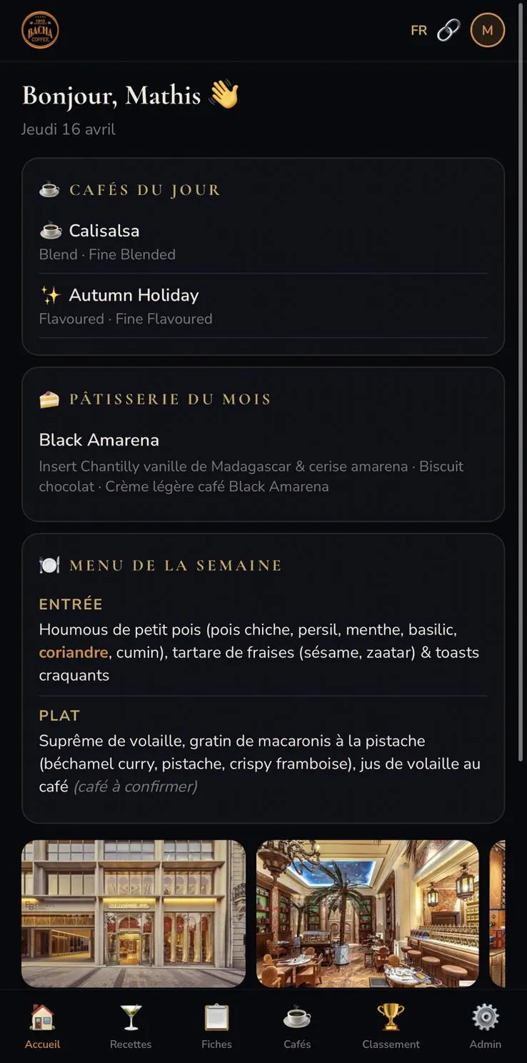 Application Bacha Coffee Companion — écran d'accueil avec le menu de la semaine, palette dorée