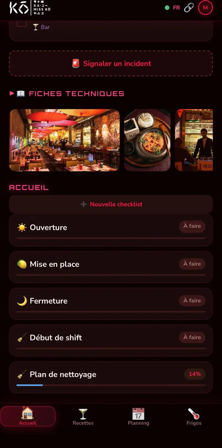 Application Miss Kō Companion — écran d'accueil avec checklists et fiches techniques, palette poppy