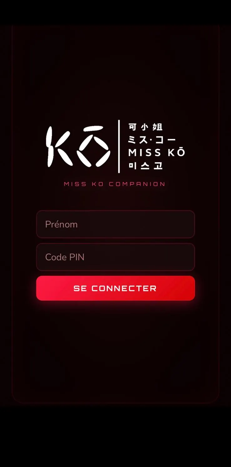 Écran de connexion Miss Kō Companion · logo Miss Kō, bouton « Se connecter » rouge poppy